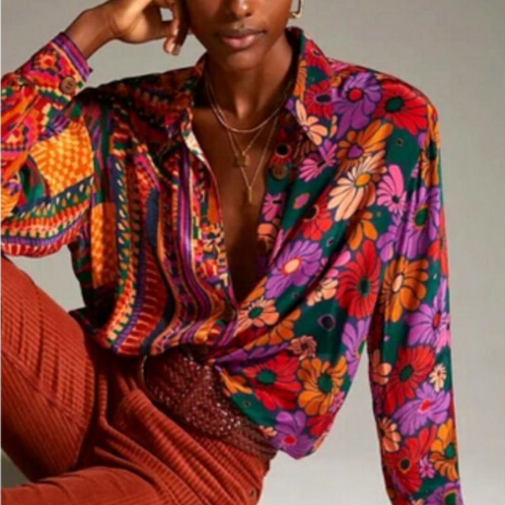 Farm Rio Anthropologie S NWT Classic Button Down Shirt Floral Tropical Blouse - Picture 1 of 9